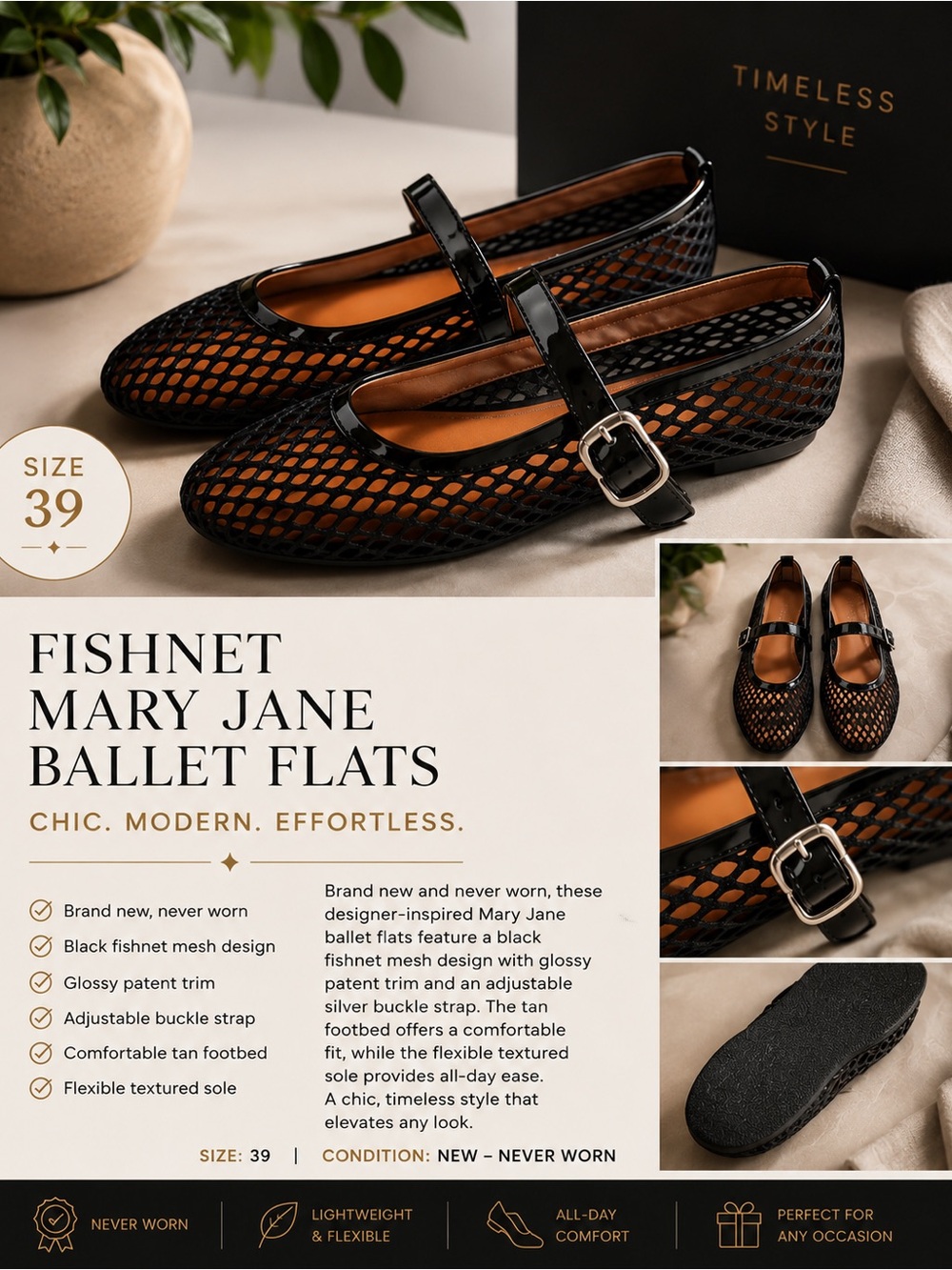 FISHNET MARY JANE BALLET FLATS — SIZE 39 / US 8.5